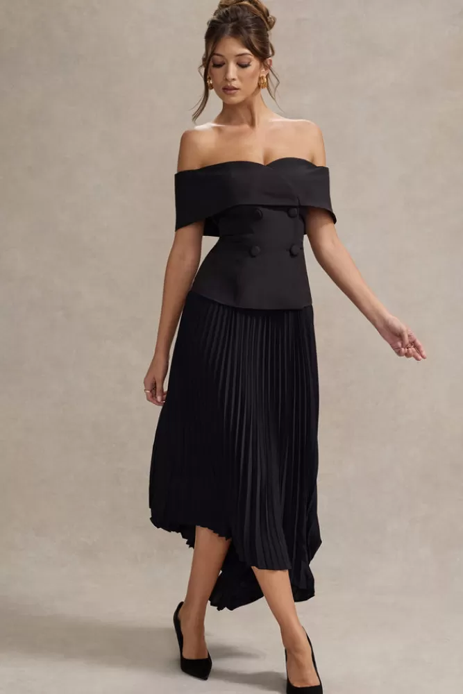 Abito Longuissimo Hattie di Club L London - Scollo Barcollato con Gonna Plissettata, Nero Elegante in Offerta Limitata