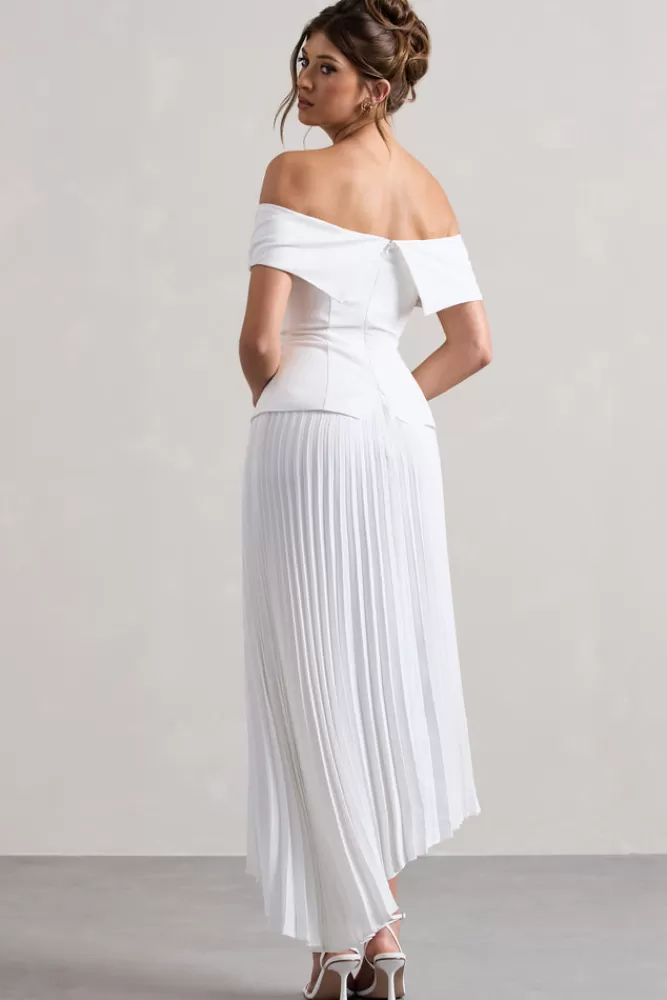 Abito Longuette Sartoriale in Bianco con Scollatura alla Bardot e Gonna Plissettata - Club L London Collezione Hattie | Edizione Limitata a Prezzo Speciale