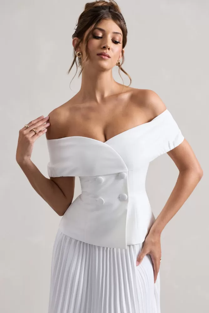 Abito Longuette Sartoriale in Bianco con Scollatura alla Bardot e Gonna Plissettata - Club L London Collezione Hattie | Edizione Limitata a Prezzo Speciale