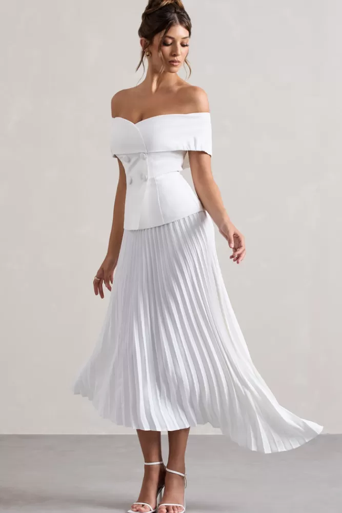 Abito Longuette Sartoriale in Bianco con Scollatura alla Bardot e Gonna Plissettata - Club L London Collezione Hattie | Edizione Limitata a Prezzo Speciale