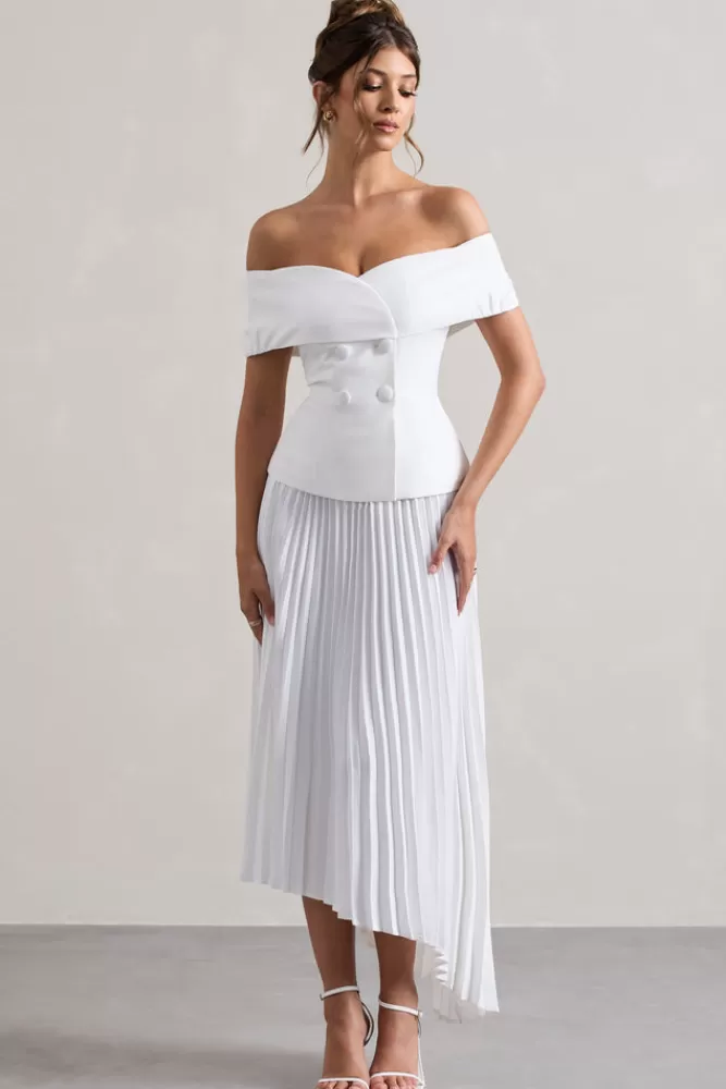 Abito Longuette Sartoriale in Bianco con Scollatura alla Bardot e Gonna Plissettata - Club L London Collezione Hattie | Edizione Limitata a Prezzo Speciale
