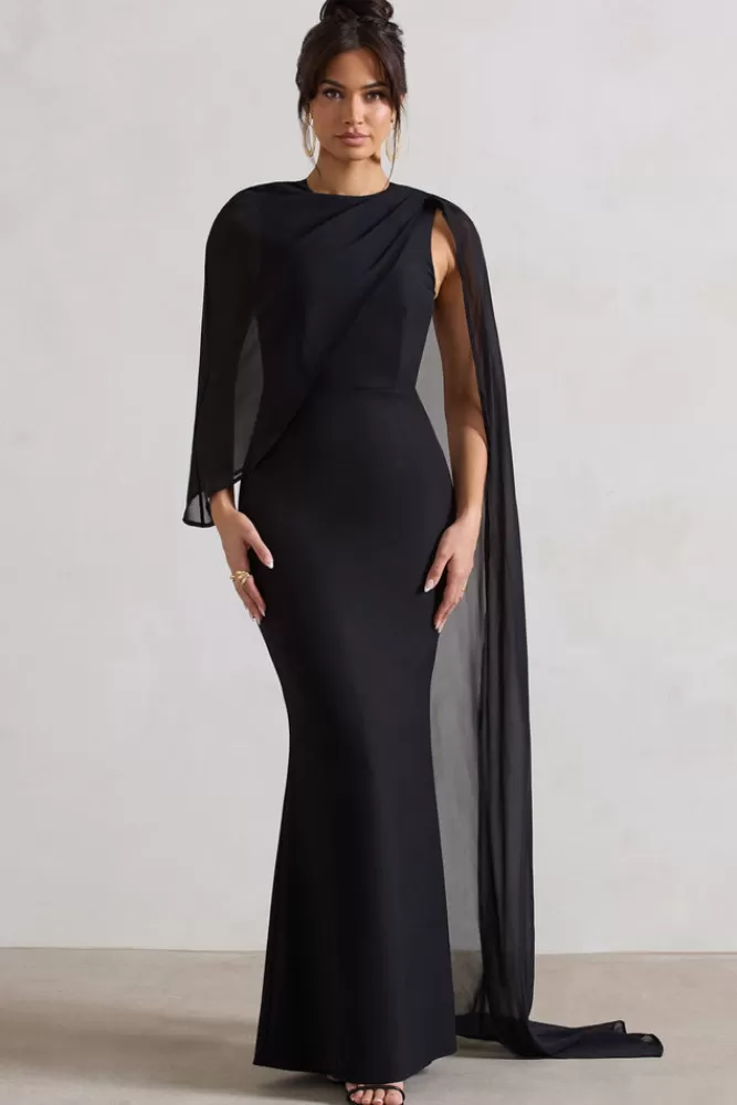 London Haze by Club L - Abito Elegante Collo Alto con Cappa in Chiffon Nero, Stile Avvolgente