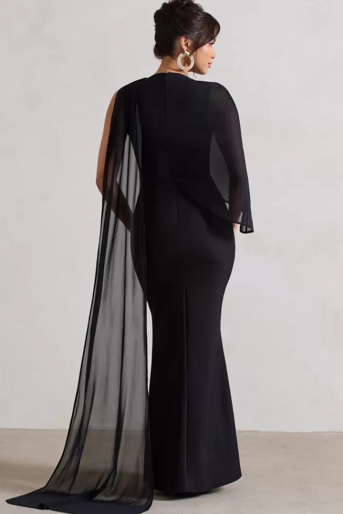 London Haze by Club L - Abito Elegante Collo Alto con Cappa in Chiffon Nero, Stile Avvolgente