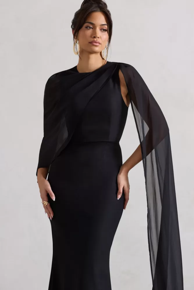 London Haze by Club L - Abito Elegante Collo Alto con Cappa in Chiffon Nero, Stile Avvolgente