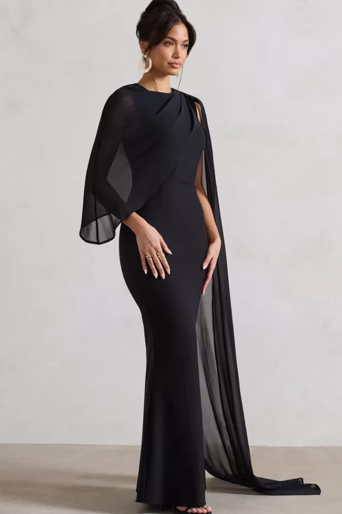London Haze by Club L - Abito Elegante Collo Alto con Cappa in Chiffon Nero, Stile Avvolgente