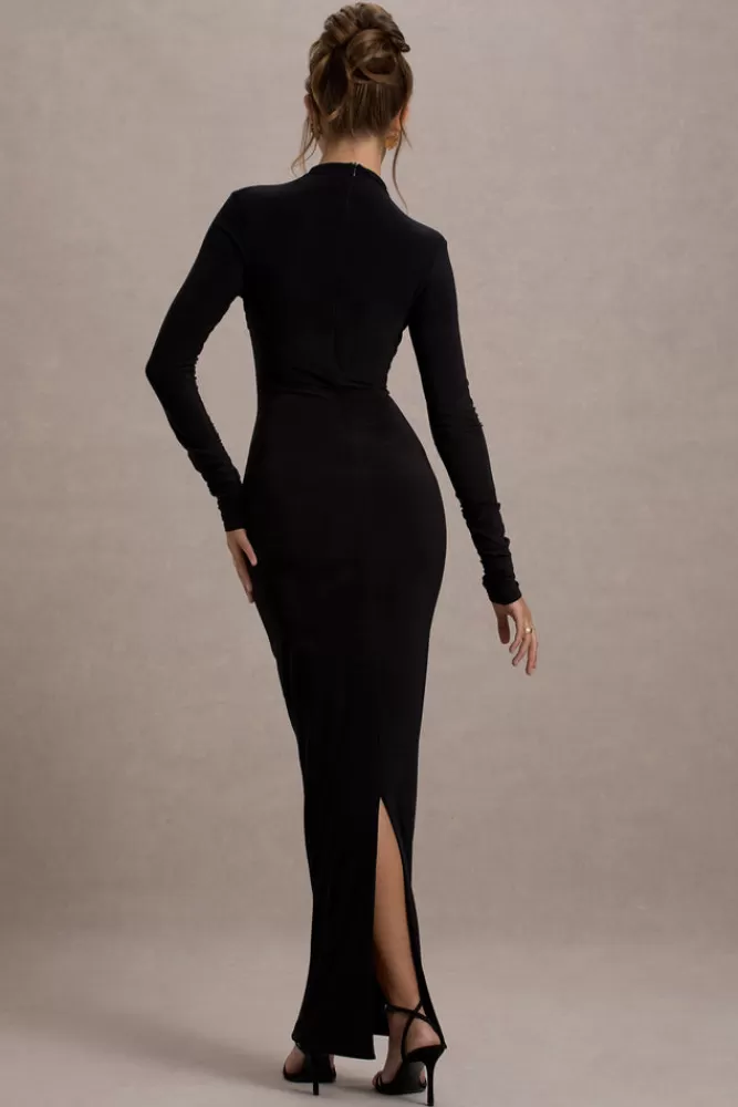 Vestito Lungo Hespera di Club L London - Scollatura Alta con Maniche Lunghe, Drapé Elegante e Linea Slim - Nero a Prezzo Conveniente