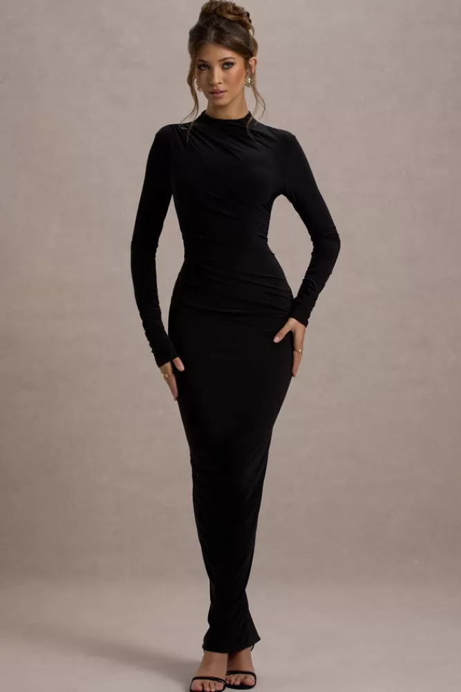 Vestito Lungo Hespera di Club L London - Scollatura Alta con Maniche Lunghe, Drapé Elegante e Linea Slim - Nero a Prezzo Conveniente