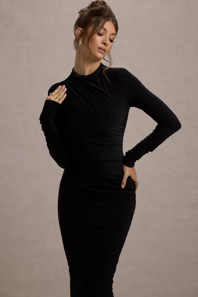 Vestito Lungo Hespera di Club L London - Scollatura Alta con Maniche Lunghe, Drapé Elegante e Linea Slim - Nero a Prezzo Conveniente