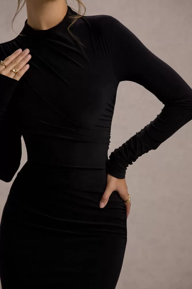 Vestito Lungo Hespera di Club L London - Scollatura Alta con Maniche Lunghe, Drapé Elegante e Linea Slim - Nero a Prezzo Conveniente