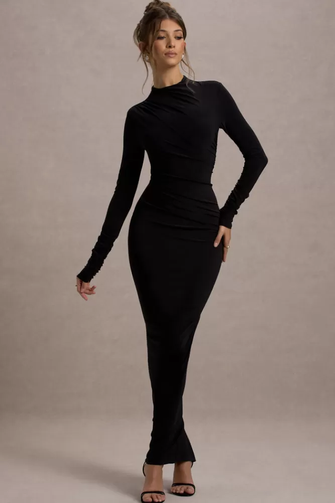 Vestito Lungo Hespera di Club L London - Scollatura Alta con Maniche Lunghe, Drapé Elegante e Linea Slim - Nero a Prezzo Conveniente
