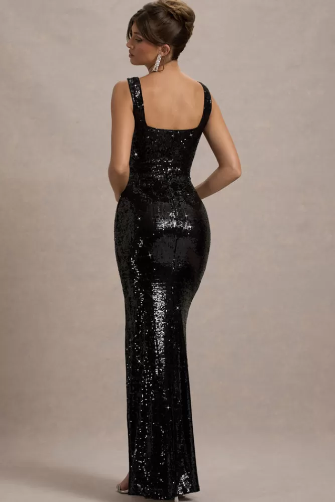 Club L London - Abito Lungo Vita Glamour con Scollo Quadrato e Spacco Frontale, Nero - Edizione Speciale in Vendita
