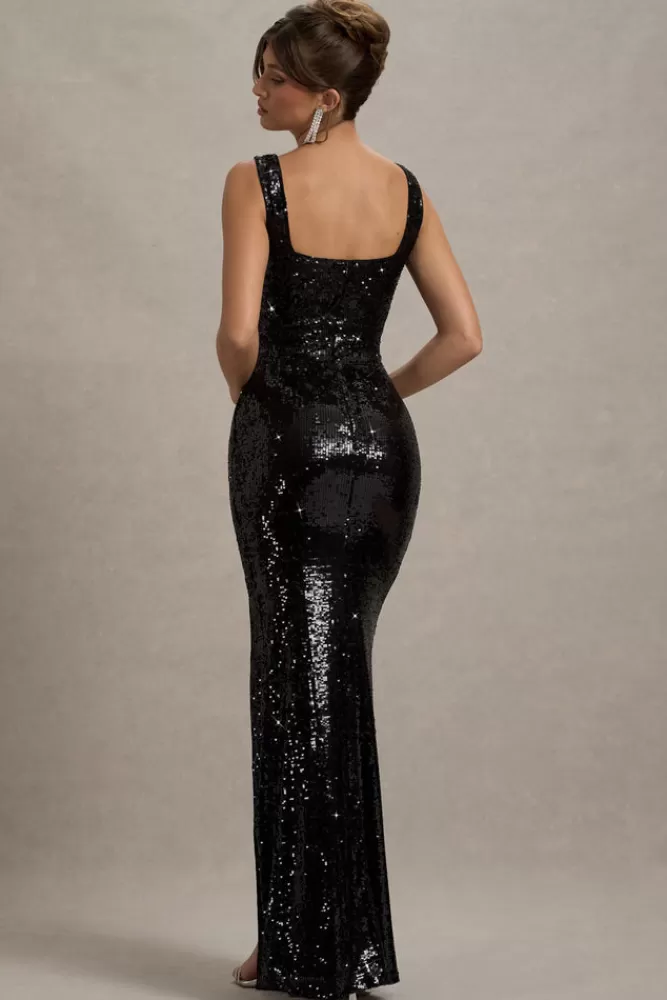 Club L London - Abito Lungo Vita Glamour con Scollo Quadrato e Spacco Frontale, Nero - Edizione Speciale in Vendita