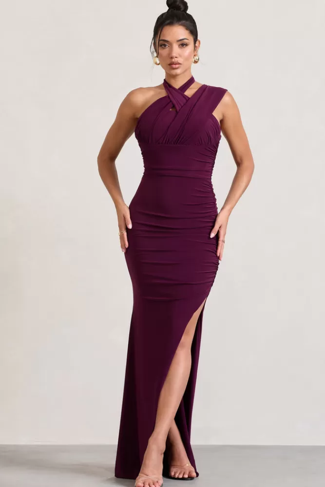 Vestito Lungo Asimmetrico con Reggiseno a Tracolla - Abito Elegante in Tonalità Borgogna by Club L London 

(：