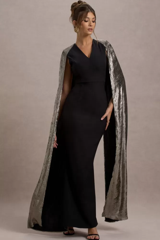 Club L London - Ilenia | Abito Longuette da Sera con Scollo a V e Dettagli Brillanti, Cappa Metallizzata in Tonalità Nero Elegante