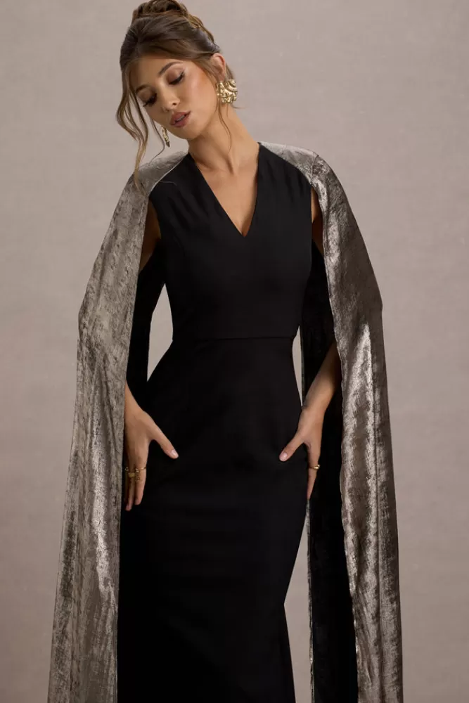 Club L London - Ilenia | Abito Longuette da Sera con Scollo a V e Dettagli Brillanti, Cappa Metallizzata in Tonalità Nero Elegante