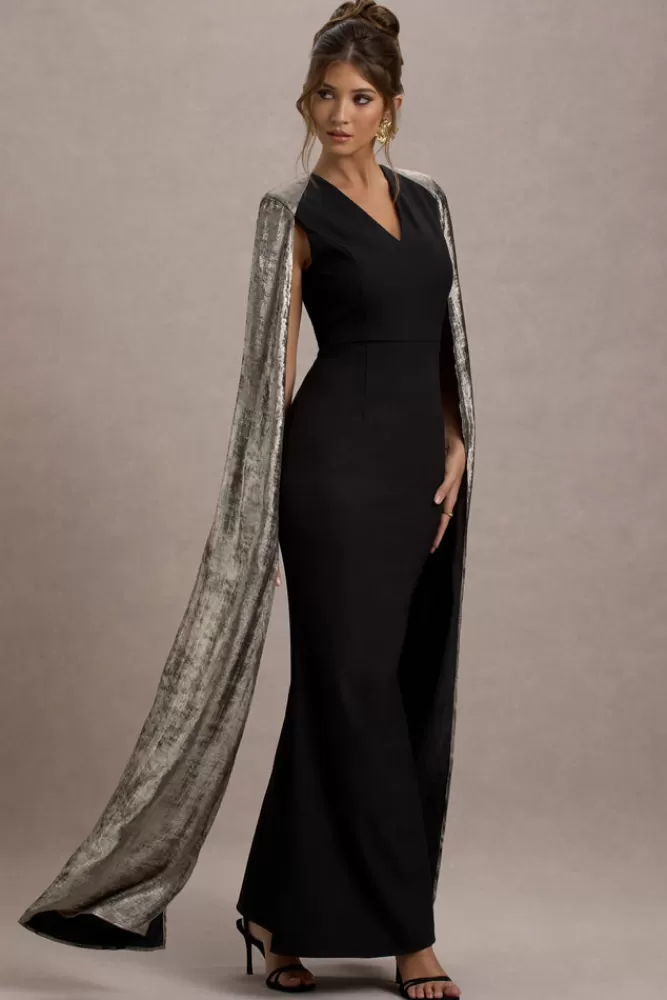 Club L London - Ilenia | Abito Longuette da Sera con Scollo a V e Dettagli Brillanti, Cappa Metallizzata in Tonalità Nero Elegante