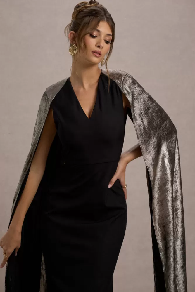 Club L London - Ilenia | Abito Longuette da Sera con Scollo a V e Dettagli Brillanti, Cappa Metallizzata in Tonalità Nero Elegante