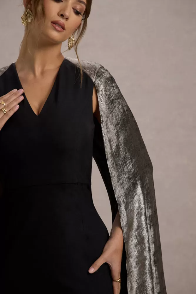 Club L London - Ilenia | Abito Longuette da Sera con Scollo a V e Dettagli Brillanti, Cappa Metallizzata in Tonalità Nero Elegante