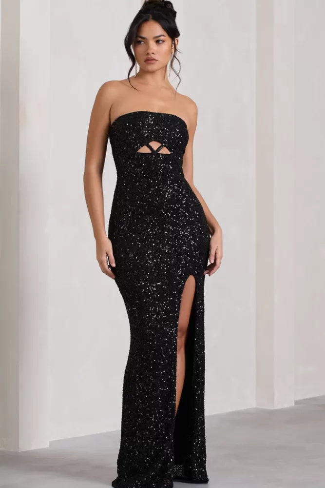 Abito lungo elegante in paillettes nero con spacco laterale e dettaglio traforato a canotta - Look glamour per serate indimenticabili