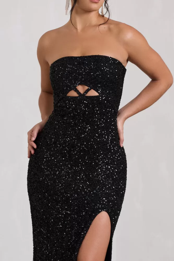 Abito lungo elegante in paillettes nero con spacco laterale e dettaglio traforato a canotta - Look glamour per serate indimenticabili