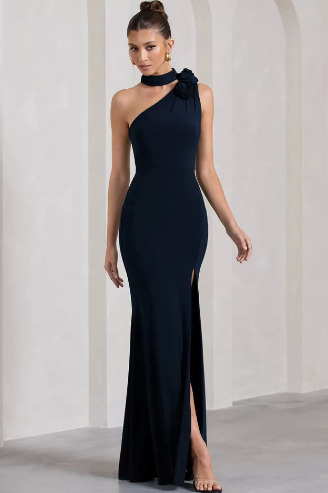 Elegante abito lungo monospalla con spacco laterale e dettagli floreali blu marino - Club L London Edizione Speciale