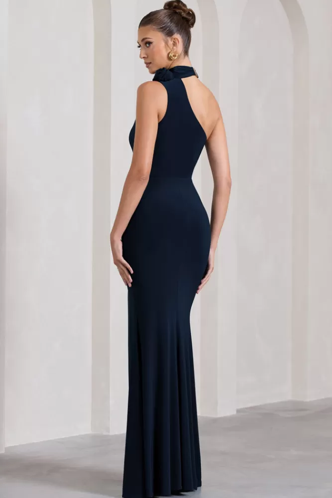 Elegante abito lungo monospalla con spacco laterale e dettagli floreali blu marino - Club L London Edizione Speciale