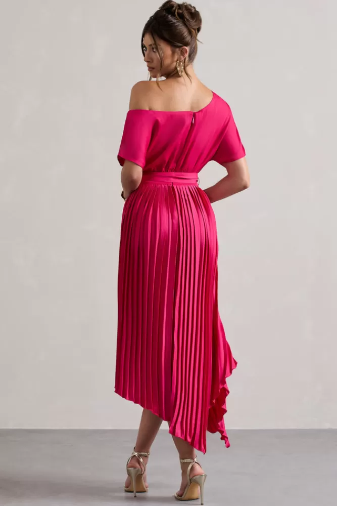 Vestito Elegante in Raso Rosa Shock con Plissettatura Asimmetrica - Abito Lungo da Sera | Club L Londra - Ultimi Pezzi in Saldo

（：，