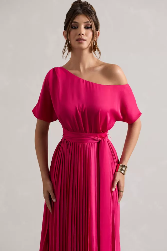Vestito Elegante in Raso Rosa Shock con Plissettatura Asimmetrica - Abito Lungo da Sera | Club L Londra - Ultimi Pezzi in Saldo

（：，
