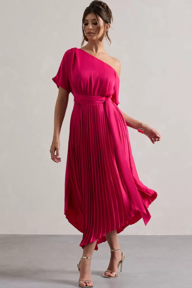 Vestito Elegante in Raso Rosa Shock con Plissettatura Asimmetrica - Abito Lungo da Sera | Club L Londra - Ultimi Pezzi in Saldo

（：，