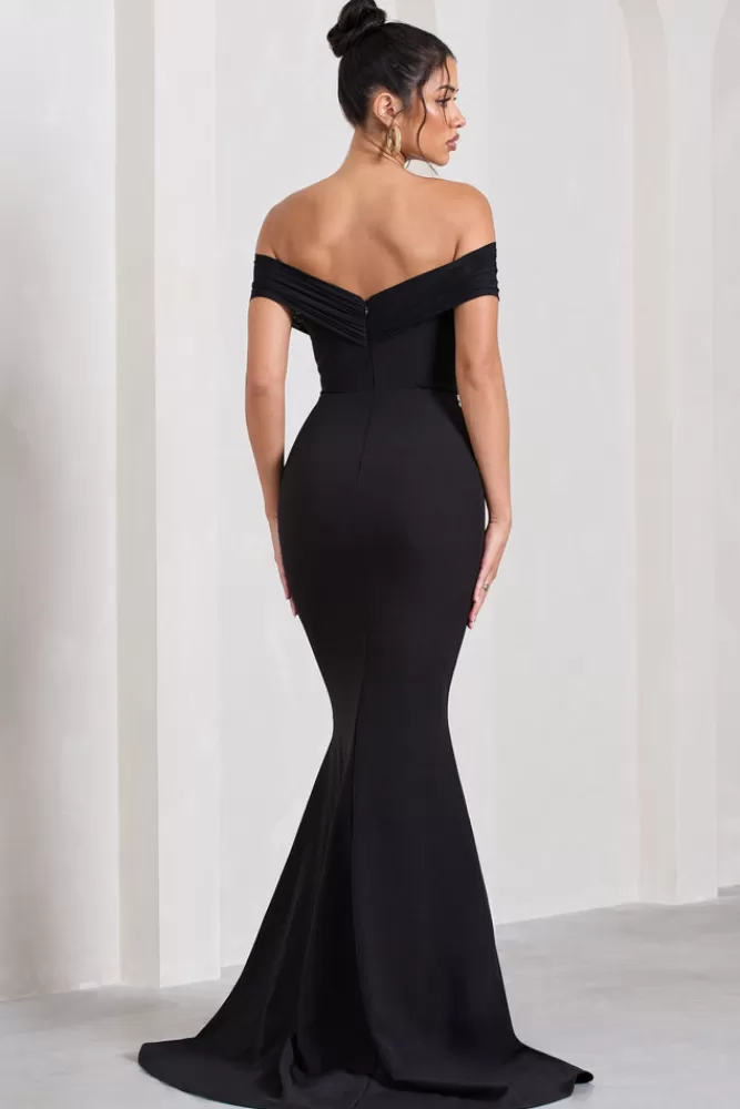 Abito Longuette Club L London con Scollo Bardot e Drappeggio a Coda di Pesce - Nero Elegante per Serate Speciali