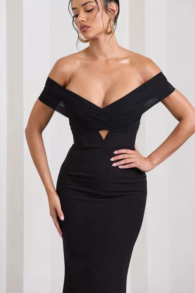 Abito Longuette Club L London con Scollo Bardot e Drappeggio a Coda di Pesce - Nero Elegante per Serate Speciali