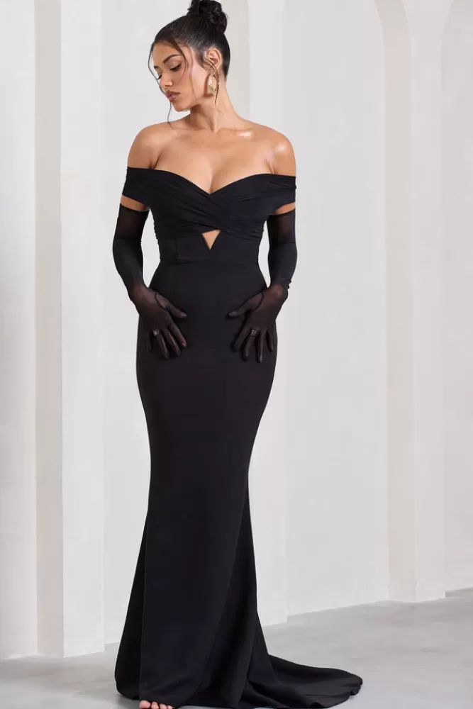 Abito Longuette Club L London con Scollo Bardot e Drappeggio a Coda di Pesce - Nero Elegante per Serate Speciali
