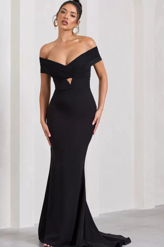 Abito Longuette Club L London con Scollo Bardot e Drappeggio a Coda di Pesce - Nero Elegante per Serate Speciali