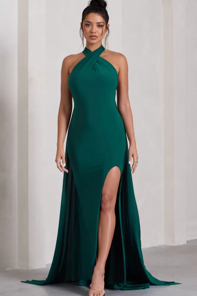 Abito Lungo Verde Bottiglia con Scollo Allacciato al Collo e Spacco Posteriore - Vestito Estivo con Drappeggio Elegante e Fascia Coordinata | Club L London Collezione Primavera