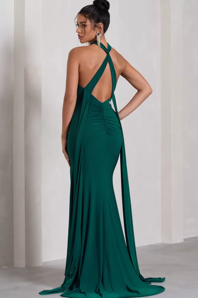 Abito Lungo Verde Bottiglia con Scollo Allacciato al Collo e Spacco Posteriore - Vestito Estivo con Drappeggio Elegante e Fascia Coordinata | Club L London Collezione Primavera