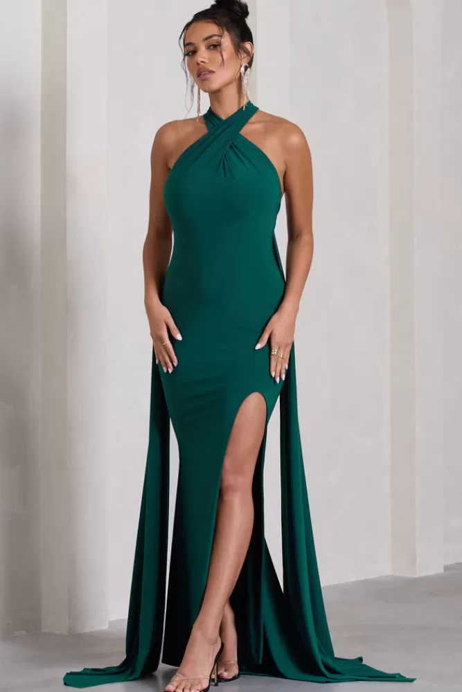 Abito Lungo Verde Bottiglia con Scollo Allacciato al Collo e Spacco Posteriore - Vestito Estivo con Drappeggio Elegante e Fascia Coordinata | Club L London Collezione Primavera
