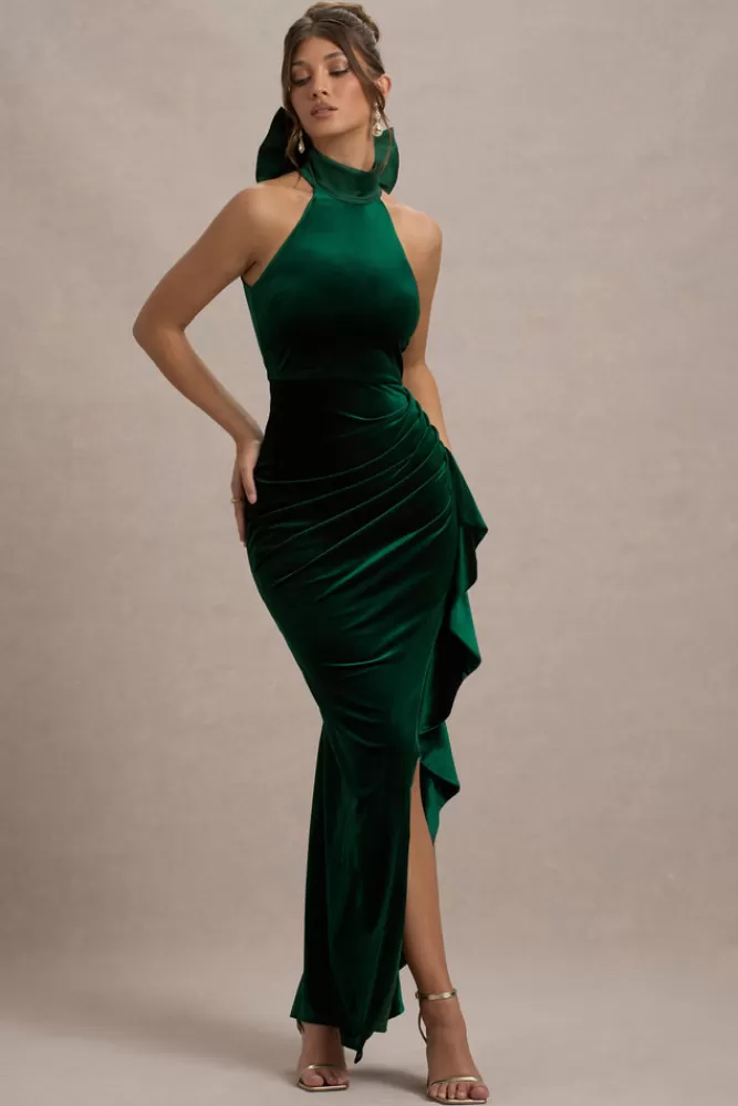 Club L London - Abito Lungo Janiya in Velluto con Collo Alto, Spacco Laterale e Balze Eleganti | Verde Smeraldo in Promo Esclusiva