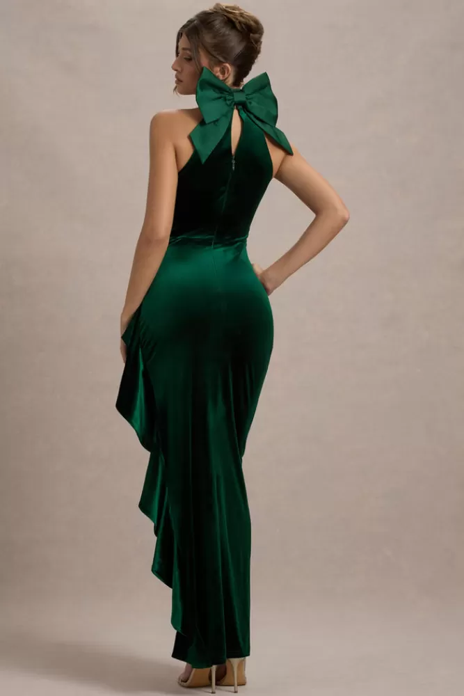Club L London - Abito Lungo Janiya in Velluto con Collo Alto, Spacco Laterale e Balze Eleganti | Verde Smeraldo in Promo Esclusiva