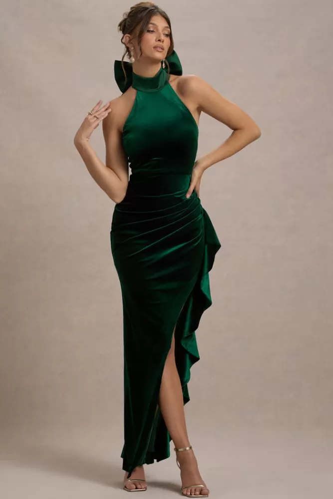 Club L London - Abito Lungo Janiya in Velluto con Collo Alto, Spacco Laterale e Balze Eleganti | Verde Smeraldo in Promo Esclusiva