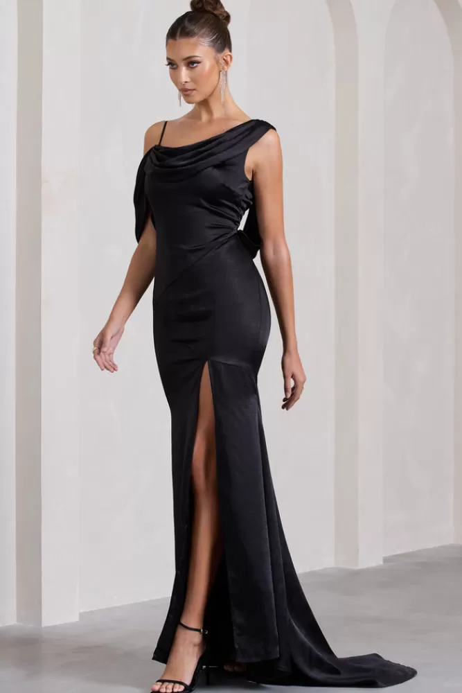 Club L London Jayne - Abito Longuette in Raso Asimmetrico con Drappeggio Elegante e Spacco Laterale, Nero | Edizione Speciale a Prezzo Imperdibile