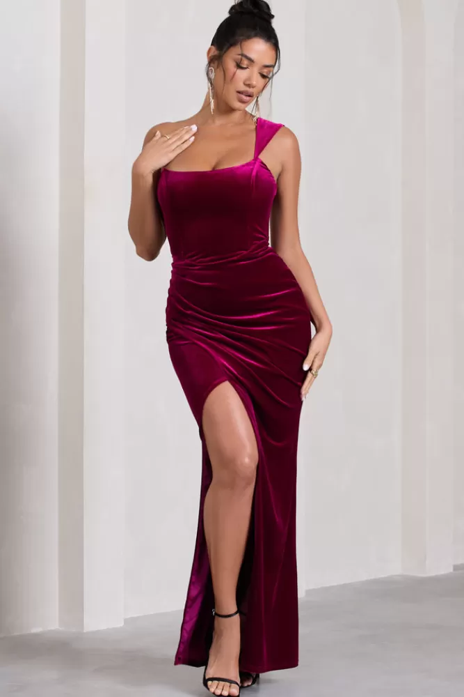 Club L London Jessica - Abito Longuero in Velluto Spalla Singola con Avvolgenza Stile Corsetto, Colore Bacca - Disponibile nello Shop 

（，，