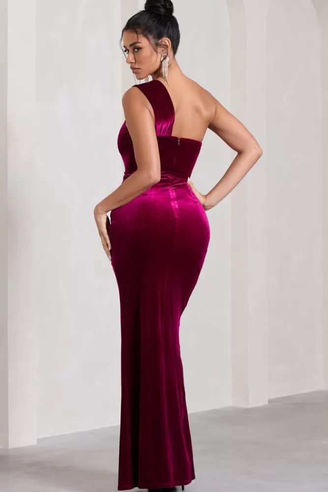 Club L London Jessica - Abito Longuero in Velluto Spalla Singola con Avvolgenza Stile Corsetto, Colore Bacca - Disponibile nello Shop 

（，，