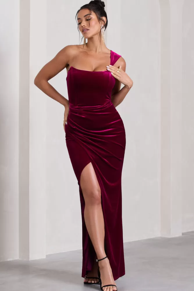 Club L London Jessica - Abito Longuero in Velluto Spalla Singola con Avvolgenza Stile Corsetto, Colore Bacca - Disponibile nello Shop 

（，，