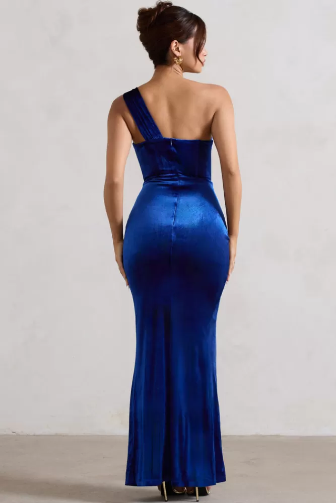 Club L London | Abito Jessica in Velluto con Spalla Asimmetrica, Design Corsetto e Chiusura Avvolgente - Vestito Lungo Blu Cobalto con Sconto Esclusivo