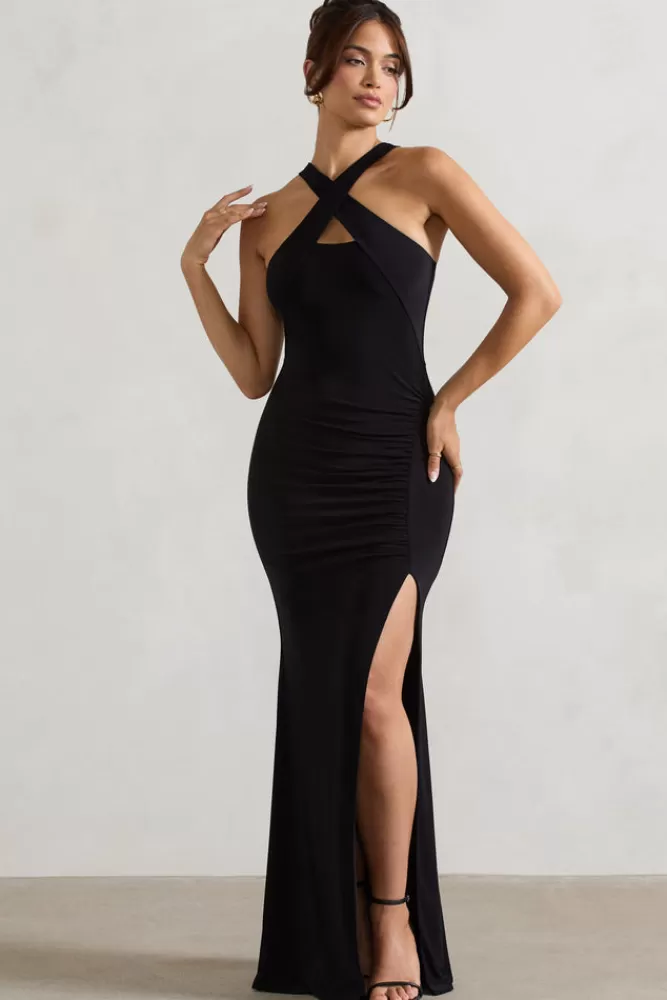 Offerta Imperdibile: Vestito Lungo con Spacco e Scollo a Triangolo - Nero, Modello Jianna by Club L London