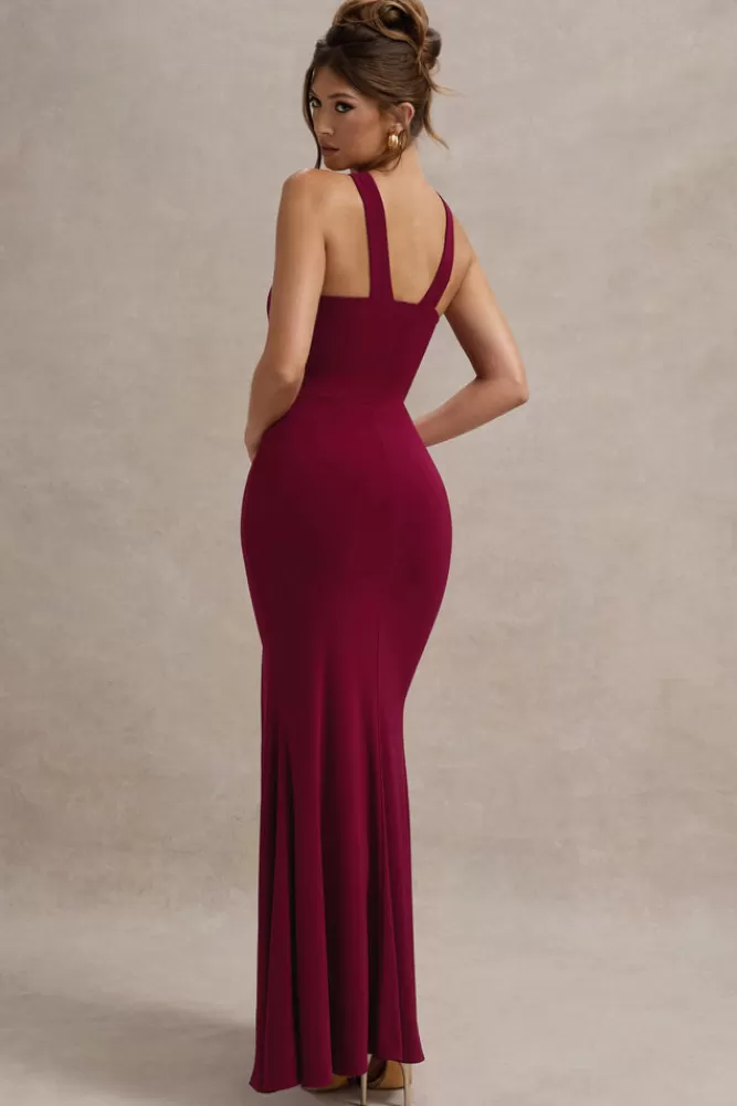 Abito Longuette Elegante con Spacco e Scollo Incrociato Halter - Colore Borgogna | Modello Jianna by Club L London - Imperdibile Promozione