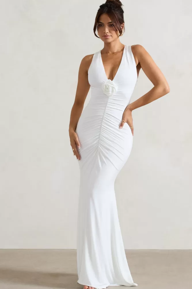Club London Abito Lungo Elegante con Scollatura Profonda e Fiocco - Bianco Puro, Offerta Lampo Esclusiva