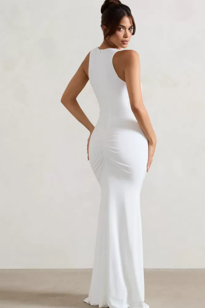 Club London Abito Lungo Elegante con Scollatura Profonda e Fiocco - Bianco Puro, Offerta Lampo Esclusiva