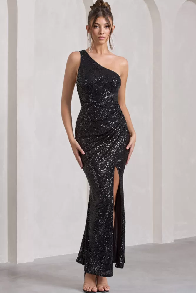 Club L London Juliet - Abito Longuette con Paillettes a Spalla Singola, Schiena Scoperta e Gonna Avvolgente in Nero - Edizione Limitata con Sconto Esclusivo