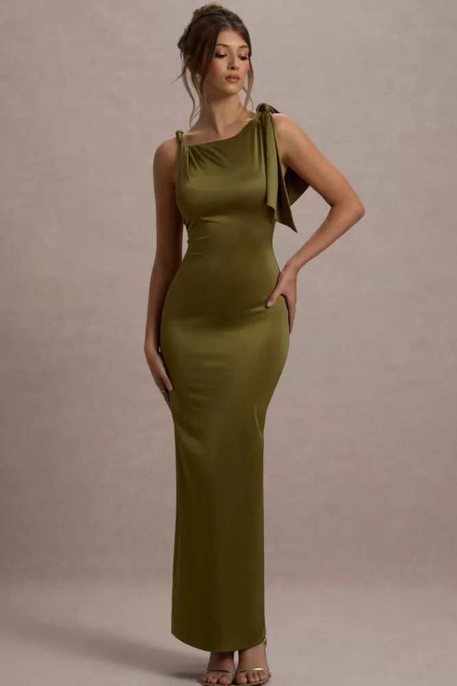 Abito lungo Kacey con nodo decorativo | Verde oliva in edizione promozionale - Club L London